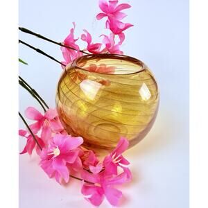 Amber Swirl Art Glass Bowl Hand Blown Vintage Round Vase Gold Aventurine 5”